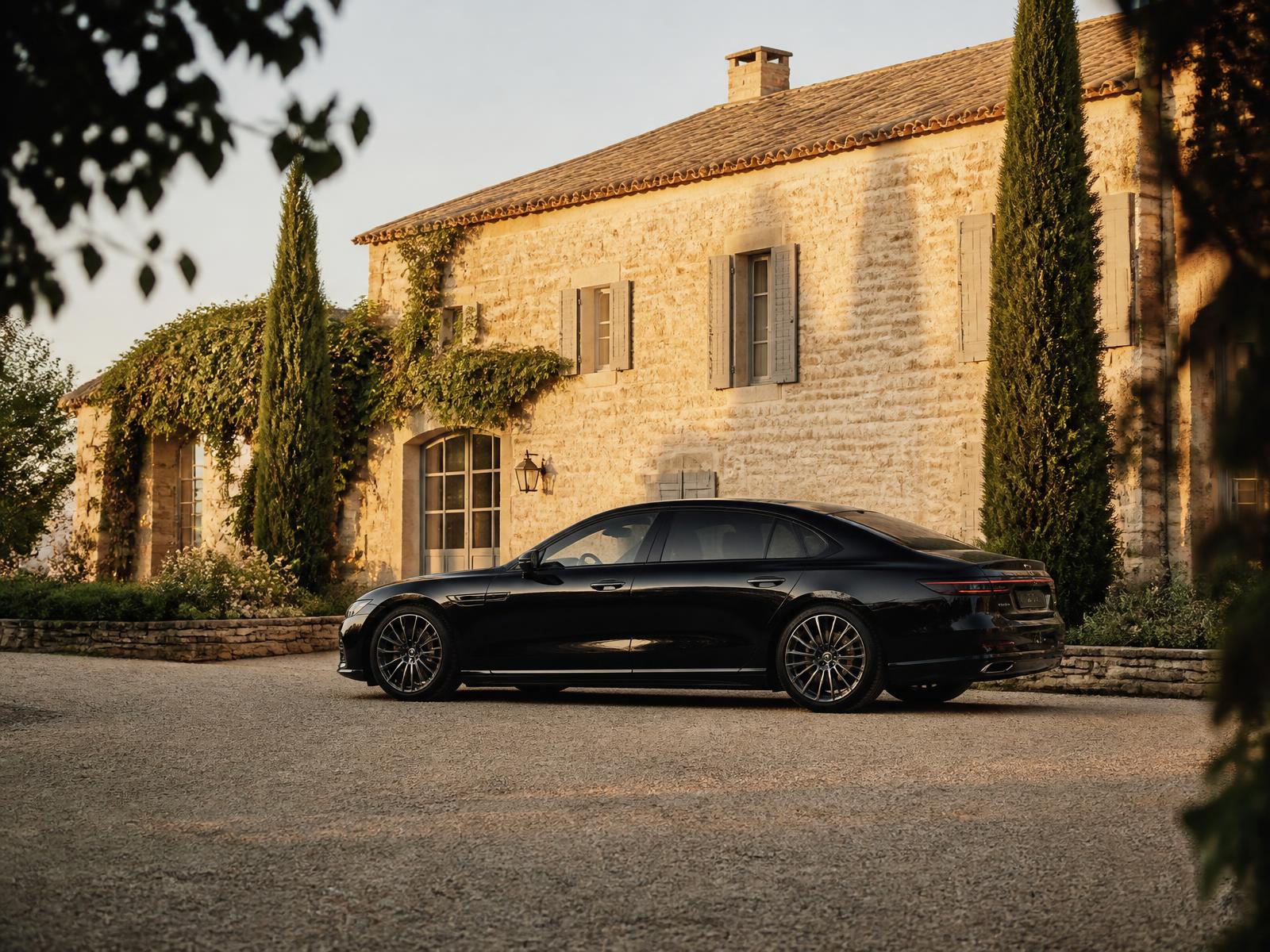 Berline noire premium devant une bastide en pierre en Provence